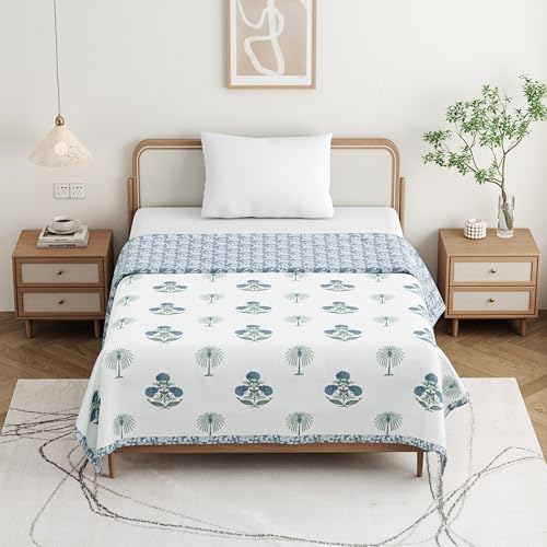 DE CAMA Cotton Single Bed Dohar | Hand Block Printed Summer AC Blanket (60 x 90 Inch)| Mulmul Fabric 150 GSM | Soft & Lightweight Comforter for All Seasons | Reversible Design - Blue Palm Tree - Image 4
