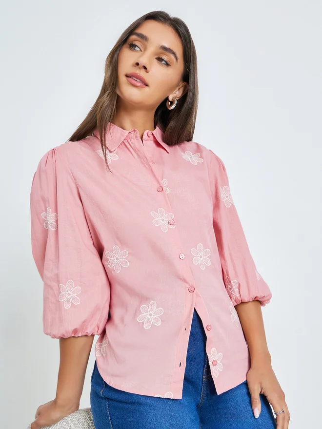 Styli Styli Pink Embroidered Puff Sleeve Shirt