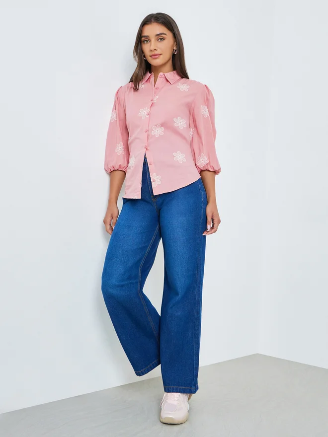 Styli Styli Pink Embroidered Puff Sleeve Shirt