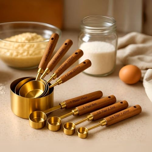 Royalkart Measuring Cups and Spoons with Wood Handle Set of 8, Stainless Steel, Golden Polished Finish, Baking Tools, Dry & Liquid Measuring Cup for Cooking - Image 1