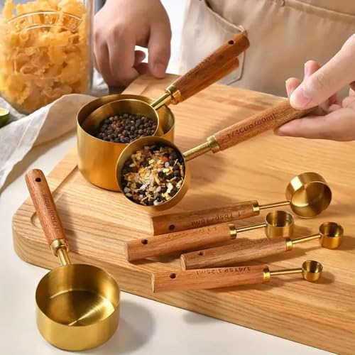 Royalkart Measuring Cups and Spoons with Wood Handle Set of 8, Stainless Steel, Golden Polished Finish, Baking Tools, Dry & Liquid Measuring Cup for Cooking - Image 2