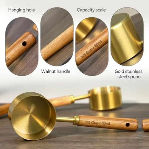 Royalkart Measuring Cups and Spoons with Wood Handle Set of 8, Stainless Steel, Golden Polished Finish, Baking Tools, Dry & Liquid Measuring Cup for Cooking - Image 4