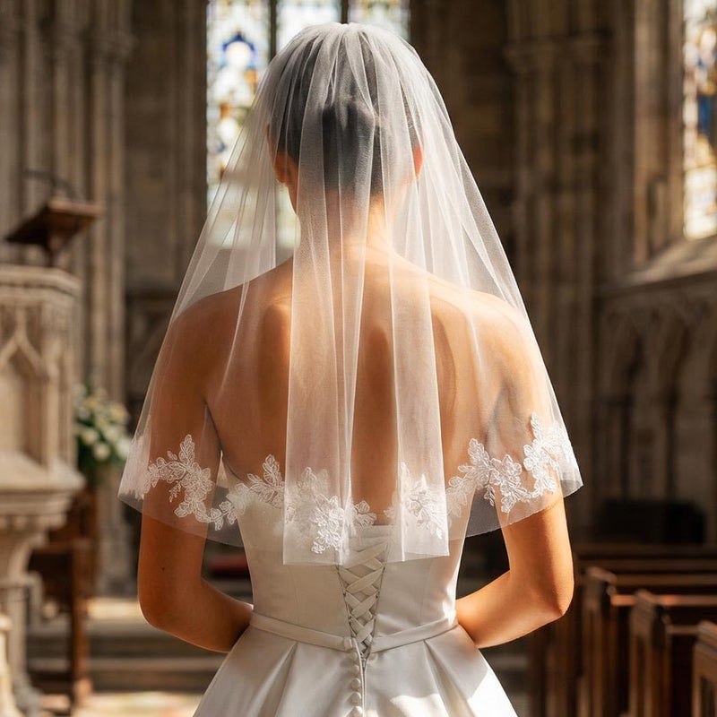Unsutuo Lace Wedding Veil Short Bridal Veils Shoulder Length Flower Veil Lace Trim with Comb for Women and Girls (Ivory) - Image 2