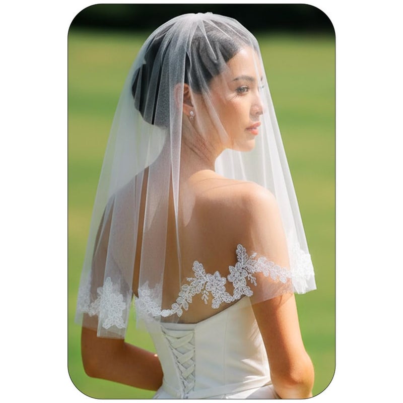 Unsutuo Lace Wedding Veil Short Bridal Veils Shoulder Length Flower Veil Lace Trim with Comb for Women and Girls (Ivory) - Image 1