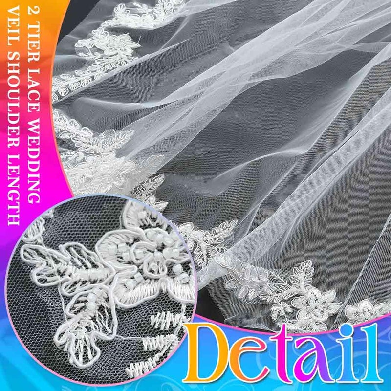 Unsutuo Lace Wedding Veil Short Bridal Veils Shoulder Length Flower Veil Lace Trim with Comb for Women and Girls (Ivory) - Image 4