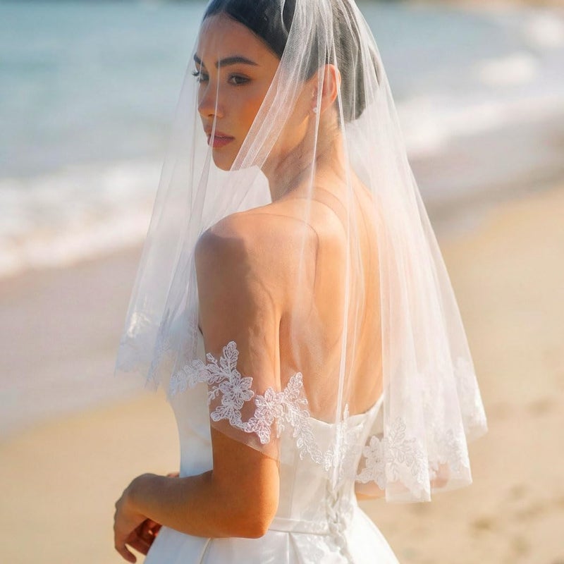 Unsutuo Lace Wedding Veil Short Bridal Veils Shoulder Length Flower Veil Lace Trim with Comb for Women and Girls (Ivory) - Image 3
