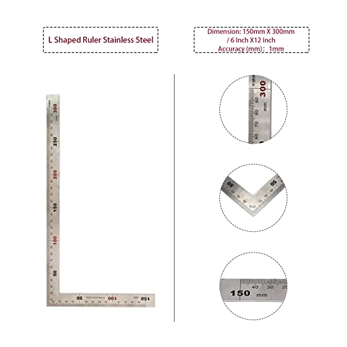 Cheerock L Shaped Ruler 6" x 12" Metal 90 Degree Square Ruler Right Angle Ruler for Carpenter Engineer - 300 x 150mm - Image 3