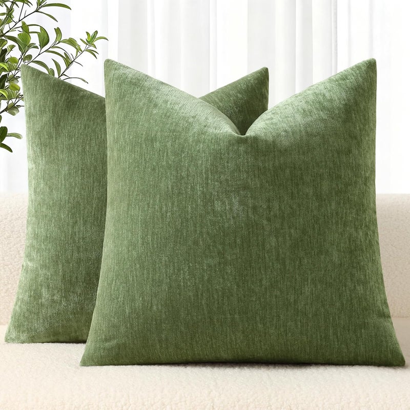 ديكور يو هوم أغطية وسائد زخرفية من ديكور يو هوم، شينيل، لون أخضر زيتوني، مقاس 24×24 بوصة، مجموعة من 2، أغطية وسائد أريكة ناعمة مزخرفة، مصبوغة بشكل متين، لمسة مخملية مزرعة محايدة، أغطية وسائد مربعة للأريكة والسرير وغرفة المعيشة - Image 1