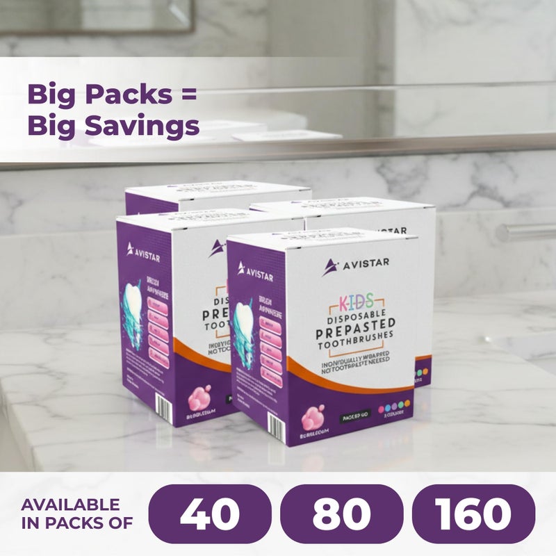 Avistar Kids 40 Prepasted Disposable Toothbrushes Individually Wrapped - Single Use Pre Pasted Disposable Toothbrushes with Toothpaste Built in - Waterless Toothbrush for Travel, Guests, Hotel, & Camping - Image 3
