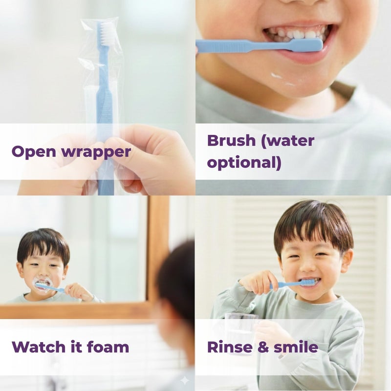 Avistar Kids 40 Prepasted Disposable Toothbrushes Individually Wrapped - Single Use Pre Pasted Disposable Toothbrushes with Toothpaste Built in - Waterless Toothbrush for Travel, Guests, Hotel, & Camping - Image 5