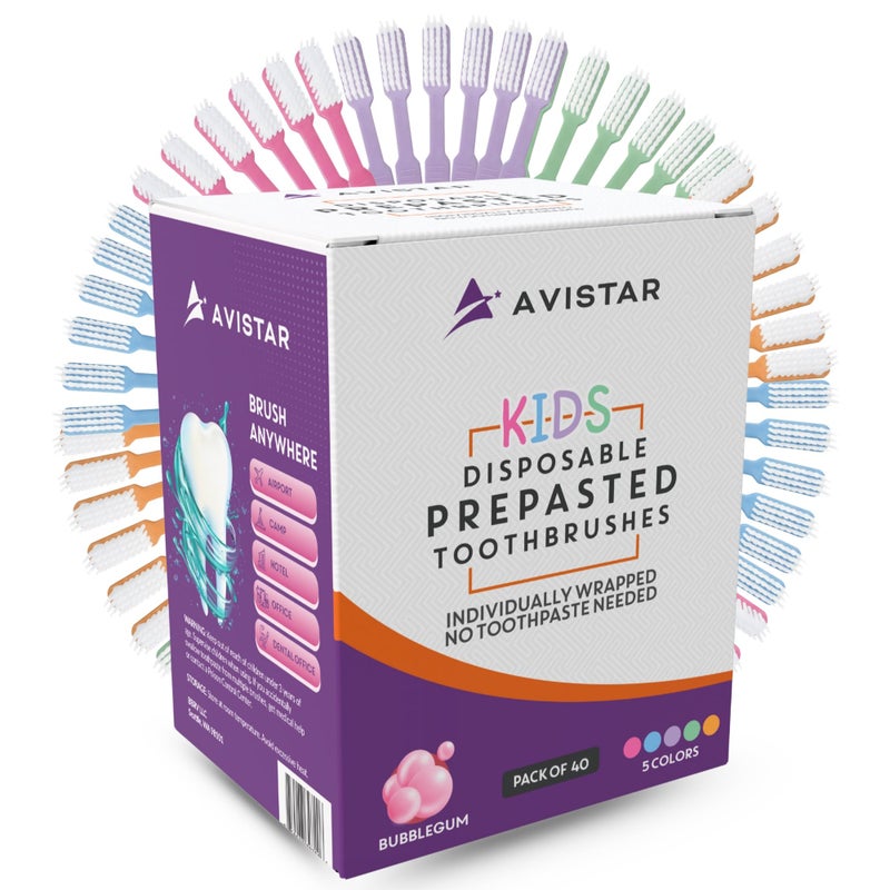Avistar Kids 40 Prepasted Disposable Toothbrushes Individually Wrapped - Single Use Pre Pasted Disposable Toothbrushes with Toothpaste Built in - Waterless Toothbrush for Travel, Guests, Hotel, & Camping - Image 1