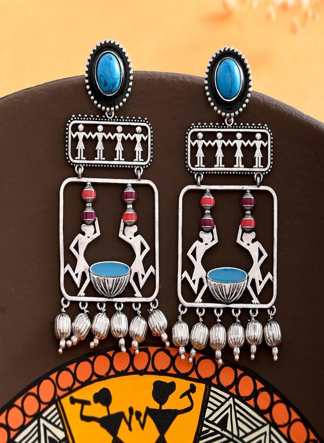 Voylla Warli Gajban Pani Ne Chali Oxidised Dangler Earrings for Women Enamel Ethnic Earrings Womens Day Gift for Her Tribal Inspired Jewellery - Image 3
