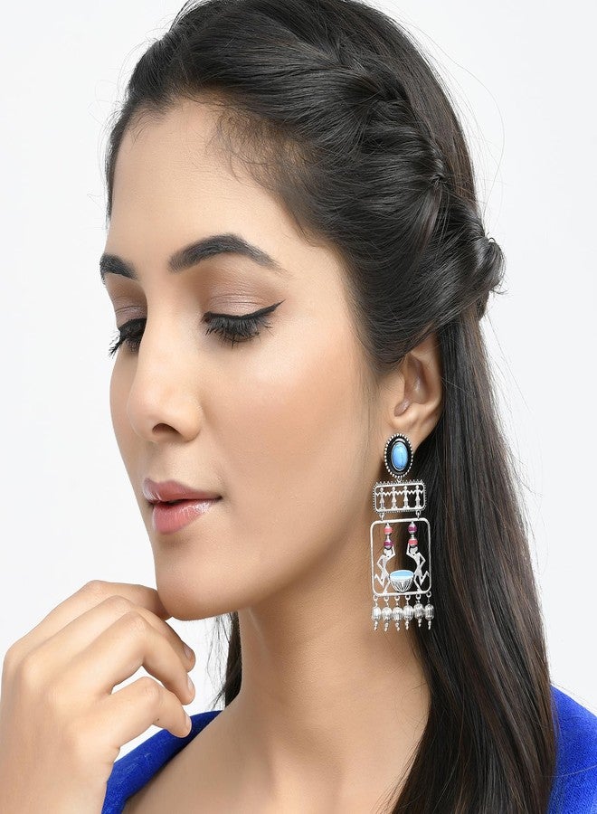 Voylla Warli Gajban Pani Ne Chali Oxidised Dangler Earrings for Women Enamel Ethnic Earrings Womens Day Gift for Her Tribal Inspired Jewellery - Image 4