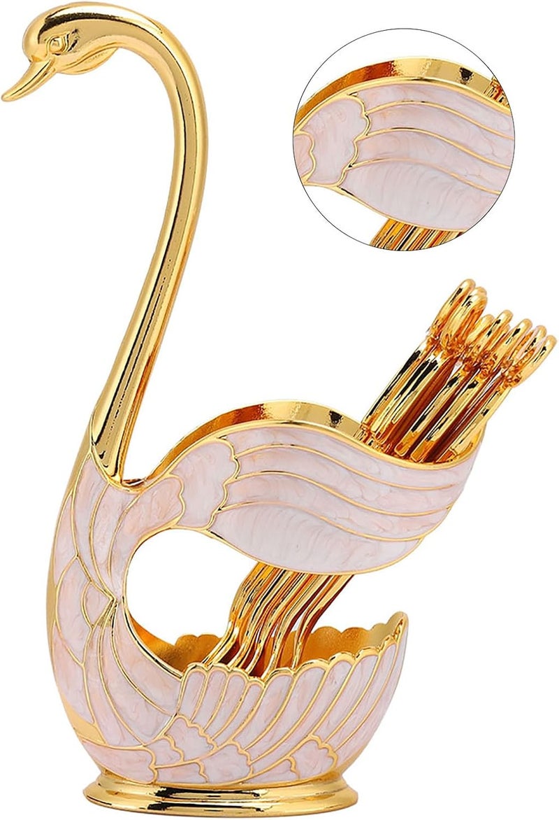 Elegant Swan Coffee Spoon Stand Kit with 6 BowTop Dessert Spoons, European Style Tableware & Home Decor in Gold or Silver (Gold White) - Image 3