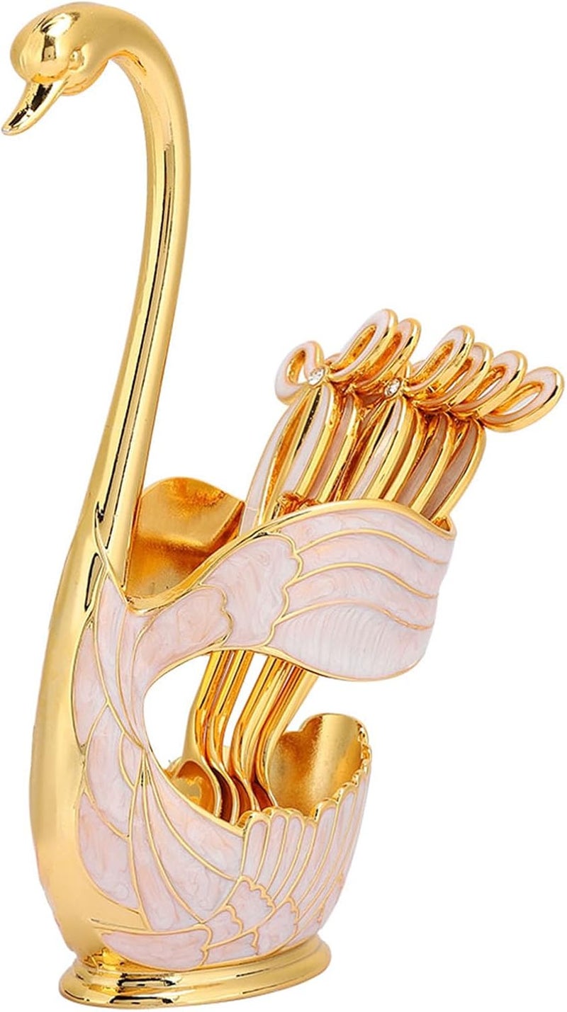 Elegant Swan Coffee Spoon Stand Kit with 6 BowTop Dessert Spoons, European Style Tableware & Home Decor in Gold or Silver (Gold White) - Image 1