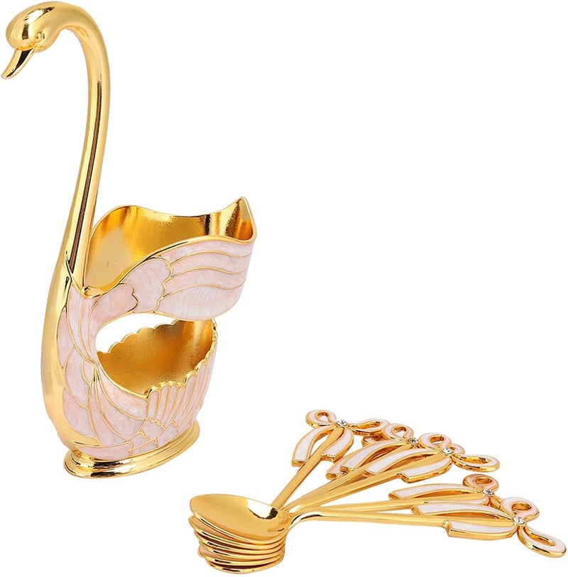 Elegant Swan Coffee Spoon Stand Kit with 6 BowTop Dessert Spoons, European Style Tableware & Home Decor in Gold or Silver (Gold White) - Image 5