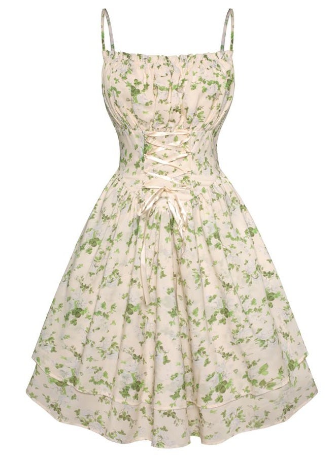 Scarlet Darkness Summer Sundress for Women Floral Sleeveless Spaghetti Strap Dress, Green Floral, XL - Image 1