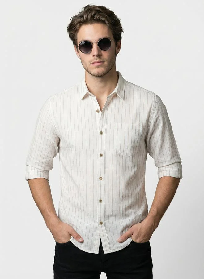 Take Two Men White Striped Spread Collar Shirt By SNX