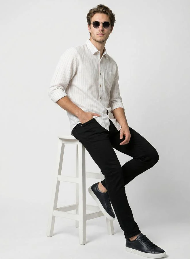 Take Two Men White Striped Spread Collar Shirt By SNX