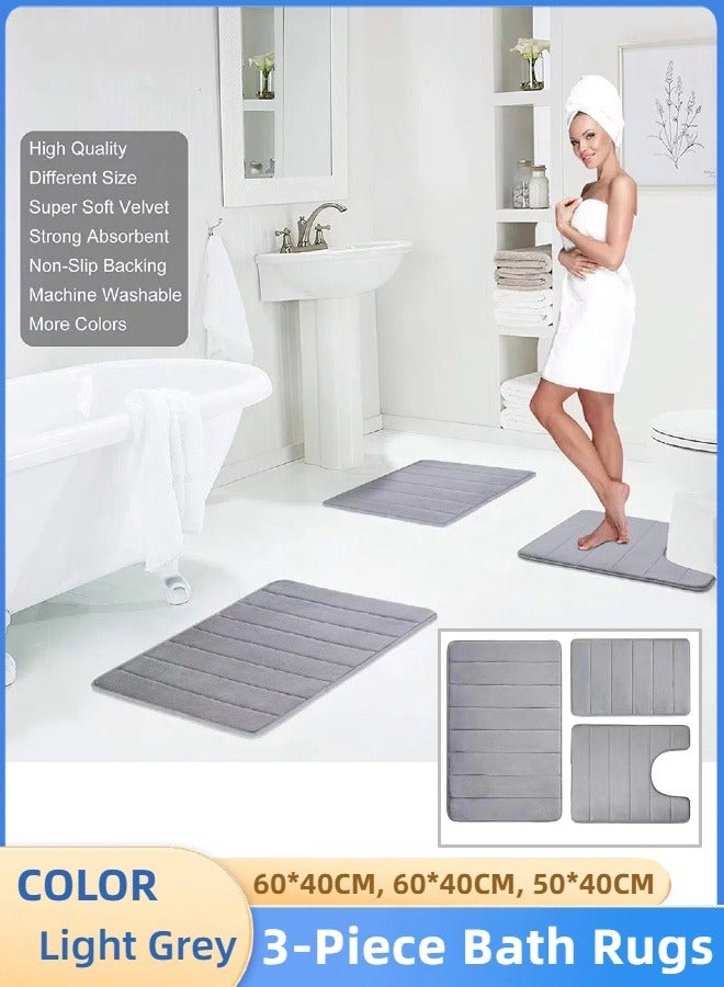 3-Piece Bathroom Rug Set, Simple Striped Coral Velvet Floor Mat, Bathroom Absorbent Non-slip Mat, Household Toilet Three-piece Foot Mat Set for Tub Shower and Bathroom（Light Grey）  - Image 1