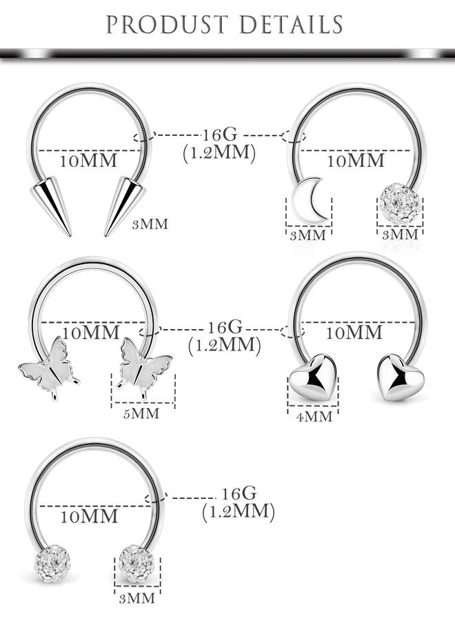 Hoeudjo Smiley Piercing Jewelry Surgical Steel Septum Rings 16g Septum Nose Rings for Women Horseshoe Nose Ring with Cubic Zirconia Heart Butterfly Inner Diameter 10mm (3/8") - Image 3