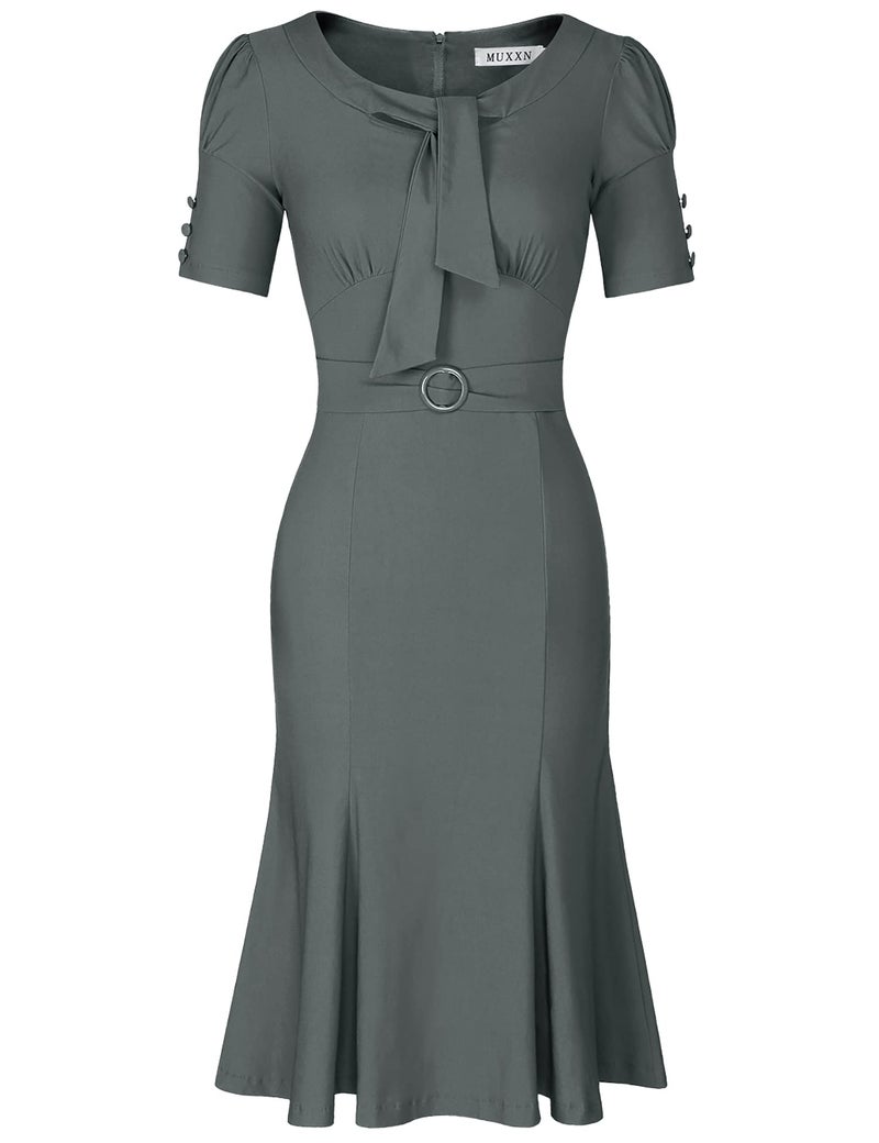 MUXXN Women's 50s 60s Boat Neck Frill Sleeve Formal Business Dress (Gray M) - Image 2