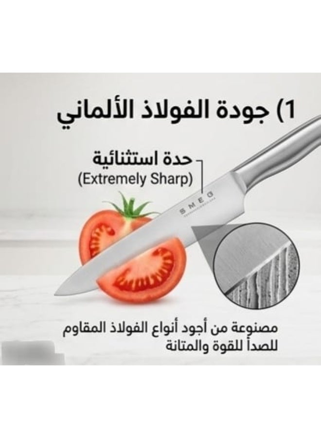 سميج طقم سكاكين مطبخ سميج (SMEG) المكون من 6 قطع – شفرات من الفولاذ الألماني المقاوم للصدأ مع مقابض معدنية مريحة، طقم احترافي بتصميم إيطالي عصري ومقاوم للتآكل – فضي - Image 2