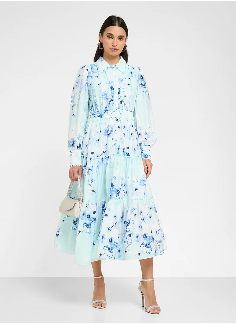 YAS Floral Print Belted Collar Neck Ruffle Dress