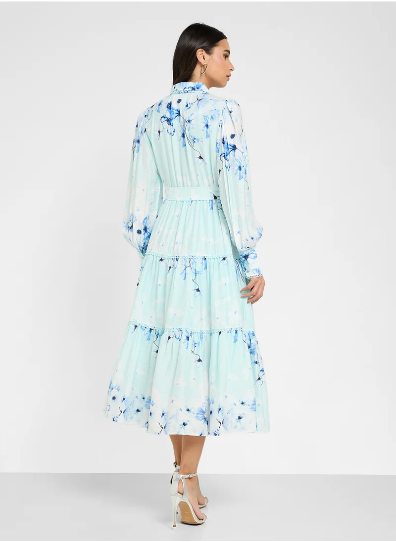 YAS Floral Print Belted Collar Neck Ruffle Dress