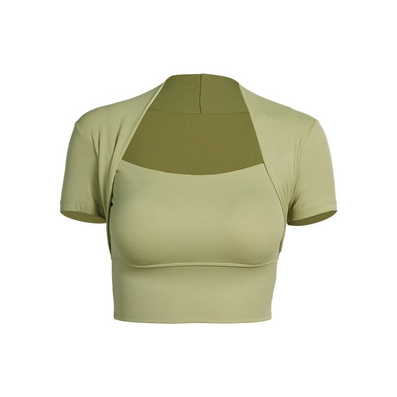 Generic Shawl Yoga Suit Female Summer Sports Short Sleeve T-Shirt Running Quick Dry Pilates Tops with Chest Mat Fitness Training Suit Green