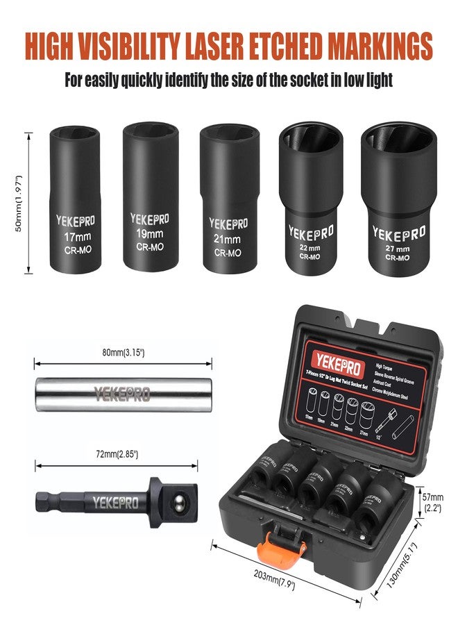 YEKEPRO 7PCS Lug Nut Removal Tool, 1/2" Drive Impact Twist Lug Nut Removal Socket Set, Wheel Lock Removal Kit, Stripped For Damaged, Frozen, Studs, Rusted, Nuts & Screws, Cr-Mo Steel - Image 2