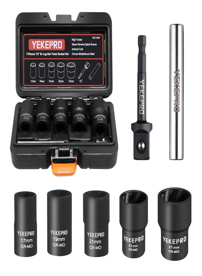 YEKEPRO 7PCS Lug Nut Removal Tool, 1/2" Drive Impact Twist Lug Nut Removal Socket Set, Wheel Lock Removal Kit, Stripped For Damaged, Frozen, Studs, Rusted, Nuts & Screws, Cr-Mo Steel - Image 1
