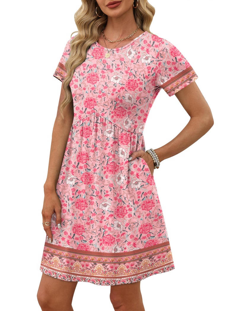 OFEEFAN Summer Dress Valentine Dress Boho Dresses for Women 2026 Short Sleeve Wedding Guest Dresses Western Outfit Boho Pink 2XL - Image 3