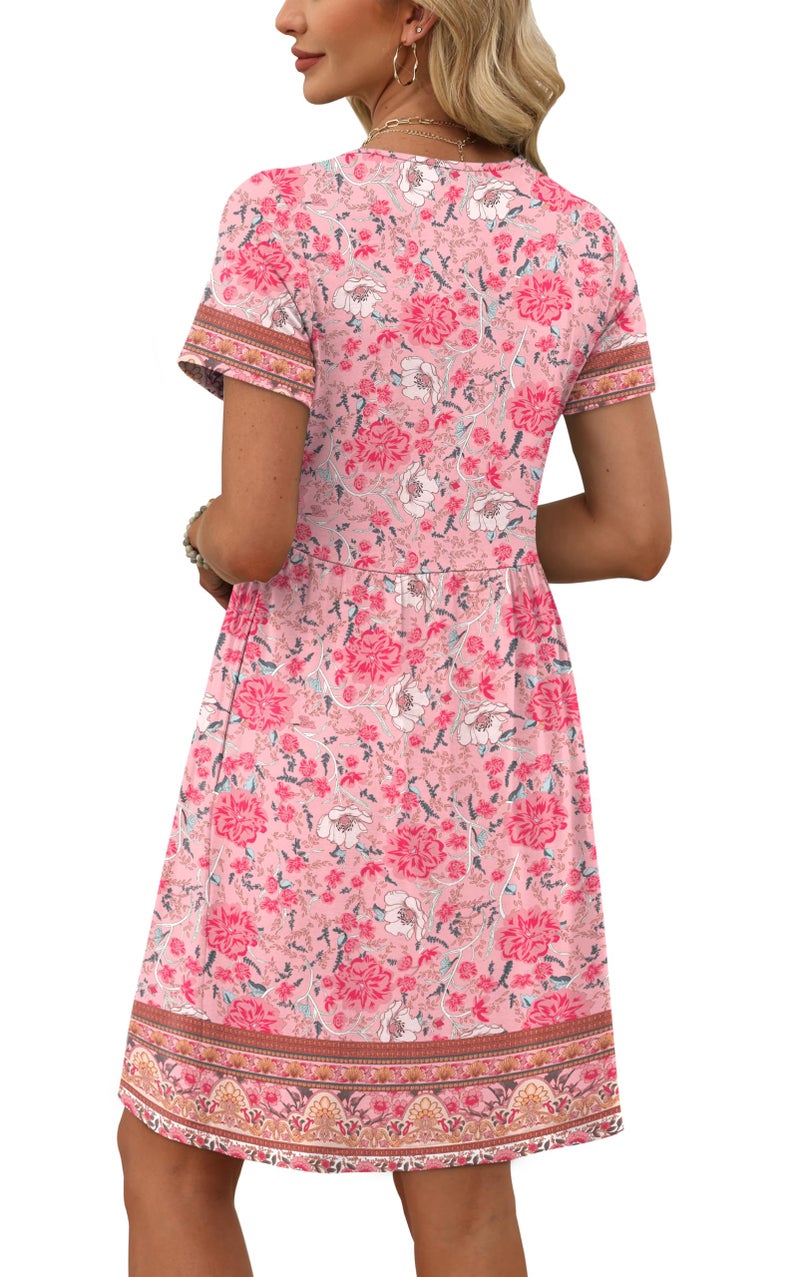 OFEEFAN Summer Dress Valentine Dress Boho Dresses for Women 2026 Short Sleeve Wedding Guest Dresses Western Outfit Boho Pink 2XL - Image 4