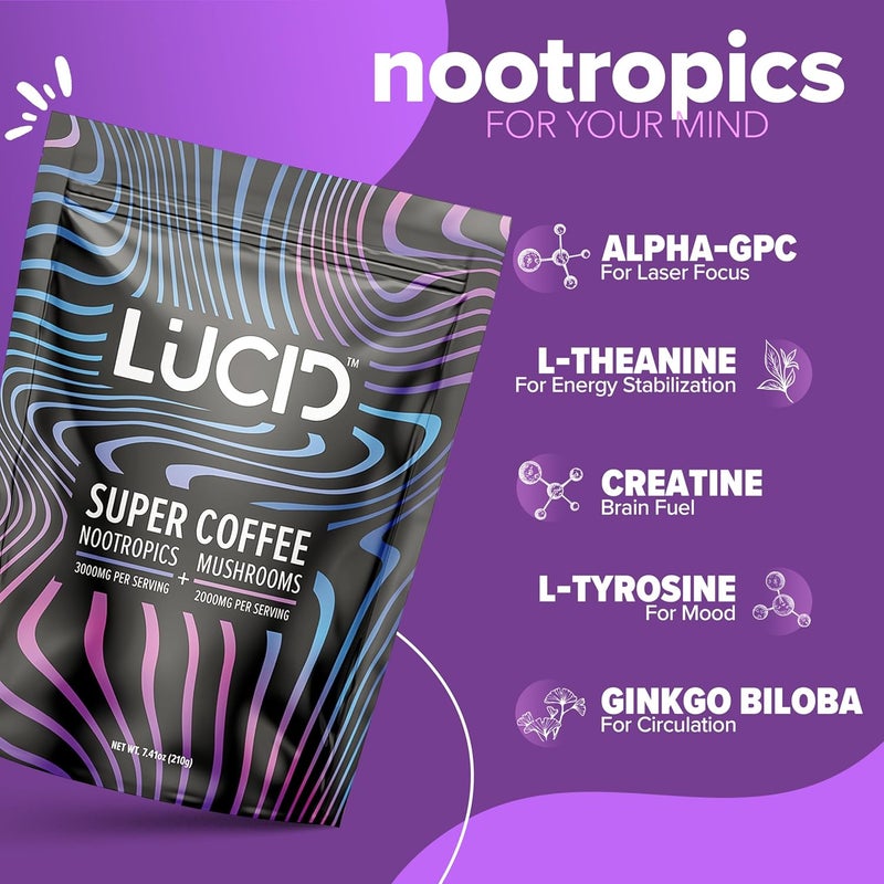 Lucid Superfood Organic Mushroom Coffee with Nootropics  Lions Mane Tremella Cordyceps  Turkey Tail  Instant Mushroom Coffee Focus Brain Health  Alpha GPC LTheanine Ginko Biloba  USA Made - Image 2
