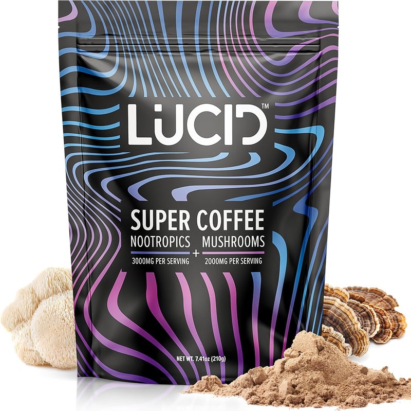 Lucid Superfood Organic Mushroom Coffee with Nootropics  Lions Mane Tremella Cordyceps  Turkey Tail  Instant Mushroom Coffee Focus Brain Health  Alpha GPC LTheanine Ginko Biloba  USA Made - Image 1