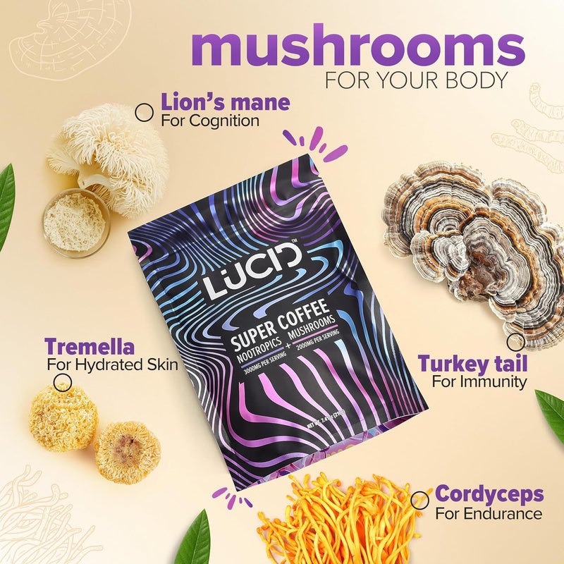 Lucid Superfood Organic Mushroom Coffee with Nootropics  Lions Mane Tremella Cordyceps  Turkey Tail  Instant Mushroom Coffee Focus Brain Health  Alpha GPC LTheanine Ginko Biloba  USA Made - Image 3