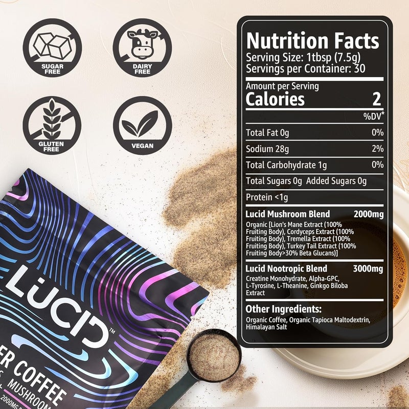 Lucid Superfood Organic Mushroom Coffee with Nootropics  Lions Mane Tremella Cordyceps  Turkey Tail  Instant Mushroom Coffee Focus Brain Health  Alpha GPC LTheanine Ginko Biloba  USA Made - Image 4