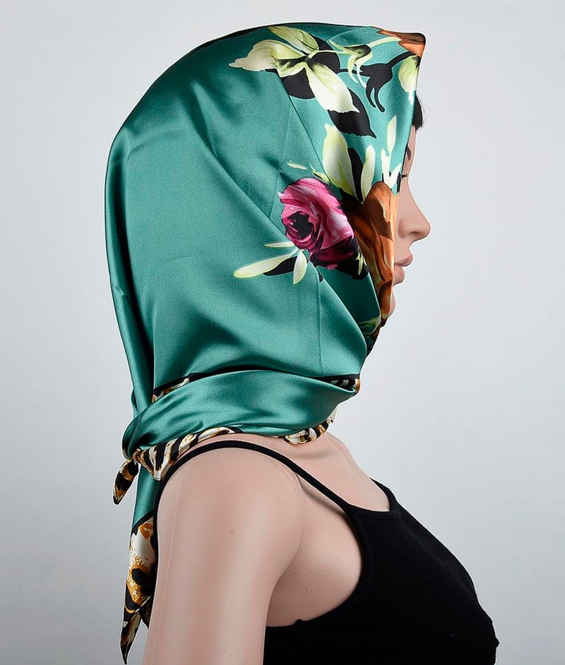 corciova 2 Pcs 35 Square Curly Hair Scarf for Black Women Silk Headband Tie Bandanas Headscarf Turquoise Camellia Leopard - Image 5