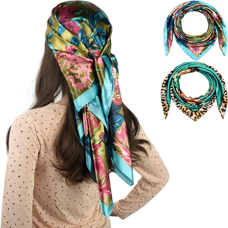 corciova 2 Pcs 35 Square Curly Hair Scarf for Black Women Silk Headband Tie Bandanas Headscarf Turquoise Camellia Leopard - Image 1