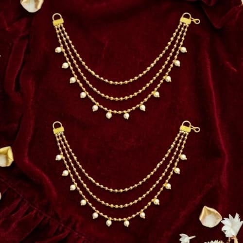 ACCESSHER Women's & Girls' Gold-Plated Multi-Layer Pearl Drop EarChain | Elegant 3-Layer Beaded Jewelry for Sarees, Lehengas & Ethnic Dresses | Perfect for Weddings & Special Occasions - Image 2