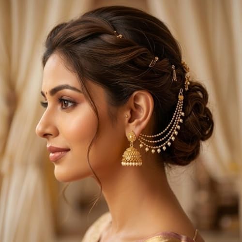 ACCESSHER Women's & Girls' Gold-Plated Multi-Layer Pearl Drop EarChain | Elegant 3-Layer Beaded Jewelry for Sarees, Lehengas & Ethnic Dresses | Perfect for Weddings & Special Occasions - Image 3