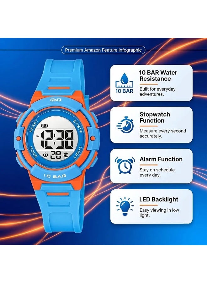 Q&Q Digital Sports Watch for Girls - 10 BAR Water Resistant, LED Backlight, Alarm, Stopwatch, Day & Date Display, G32A-001VY - Image 3