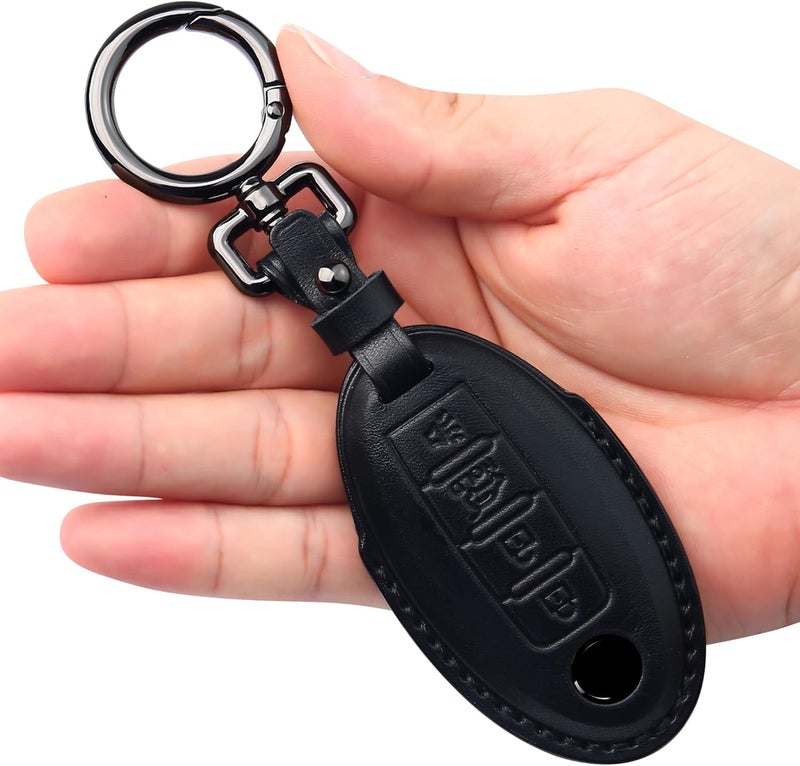Tukellen Compatible with Nissan Leather Key Fob Cover with Keychain Compatible with Altima Maxima Murano Rogue Sentra 370z Pathfinder Infinity Genuine Leather Case 4 Button Smart Key-Black - Image 1