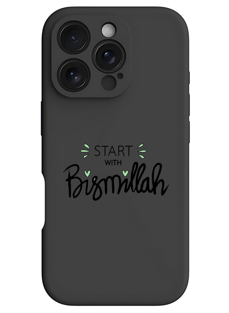 Theodor iPhone 16 Pro Black Protective Slim Fit Case Liquid Silicone Cover with Full Body Protection Anti-Scratch Shockproof Case For iPhone - Start with Bismillah Black - Image 1