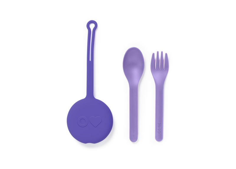 Omie OmieBox Kids Utensils Set with Case  2 Piece Plastic Reusable Fork and Spoon Silverware with Pod for Kids Lilac