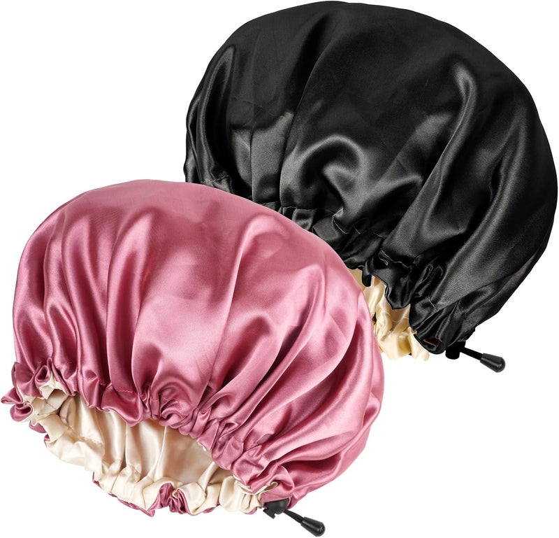 Ranphykx 2PCS Satin Sleep CapAdjustable DoubleSided Sleep BonnetBonnet Cap for Sleep 1 Black 1 Hot Pink