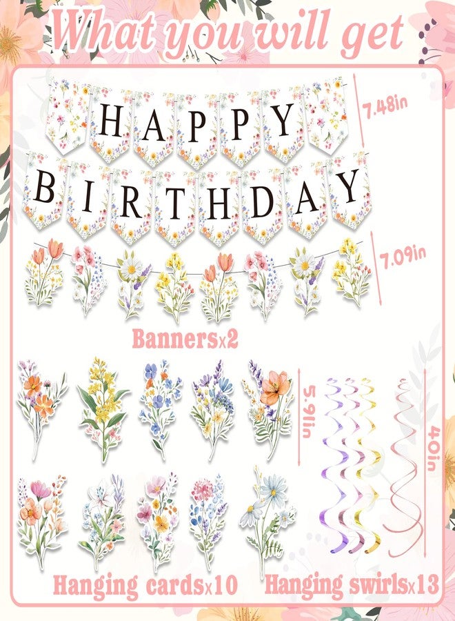 FINDRICH 25Pcs Wildflower Birthday Decorations for Girl, Flower Birthday Decorations Floral Party Decorations with Happy Birthday Banner Garland Hanging Swirls Wildflower Baby Shower Decorations for Women - Image 2