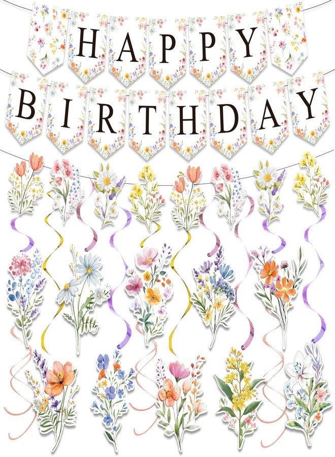 FINDRICH 25Pcs Wildflower Birthday Decorations for Girl, Flower Birthday Decorations Floral Party Decorations with Happy Birthday Banner Garland Hanging Swirls Wildflower Baby Shower Decorations for Women - Image 1