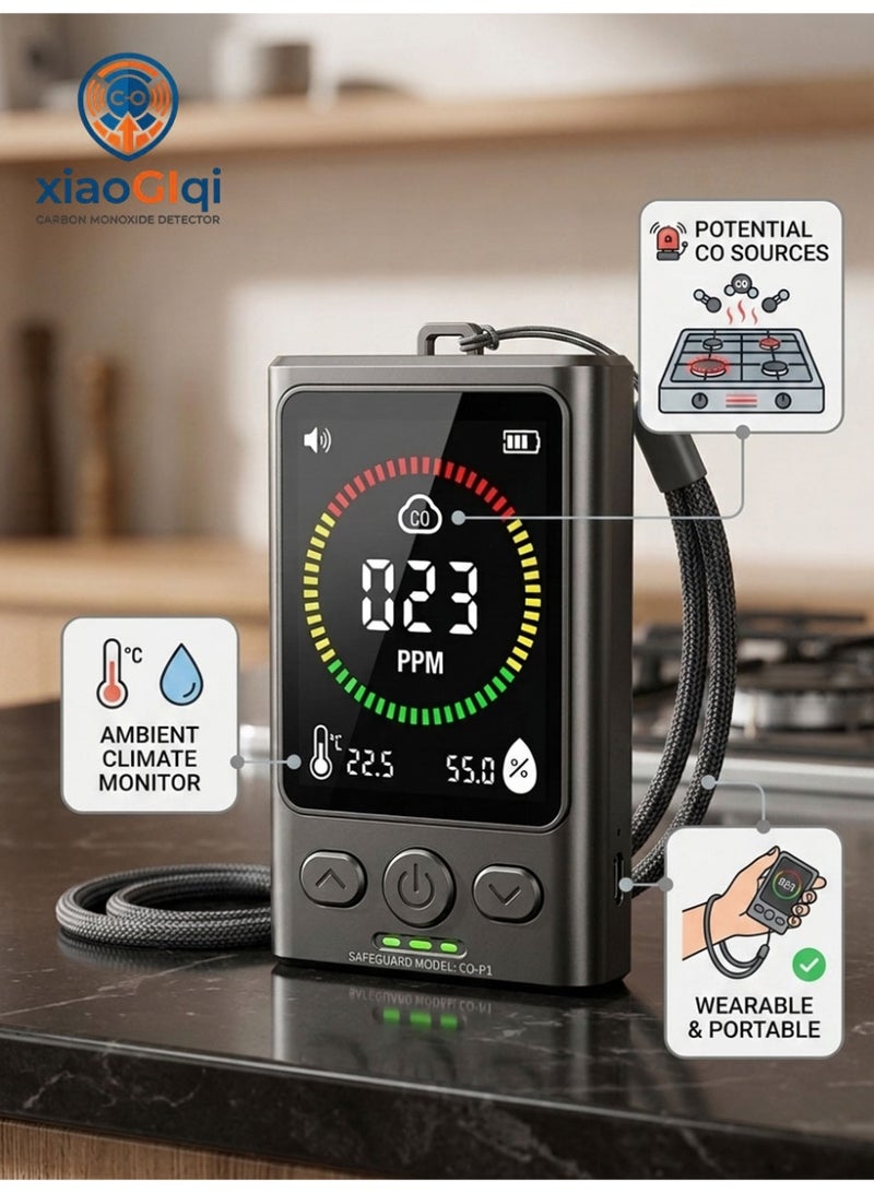 XiaoGiqi GC300 Mini Portable Carbon Monoxide Detector, 3-in-1 Rechargeable CO Toxic Gas Alarm with Temperature & Humidity Display, Wireless Air Gas Sensor for Home Kitchen Garage Camping RV Outdoor Travel Safety - Image 1